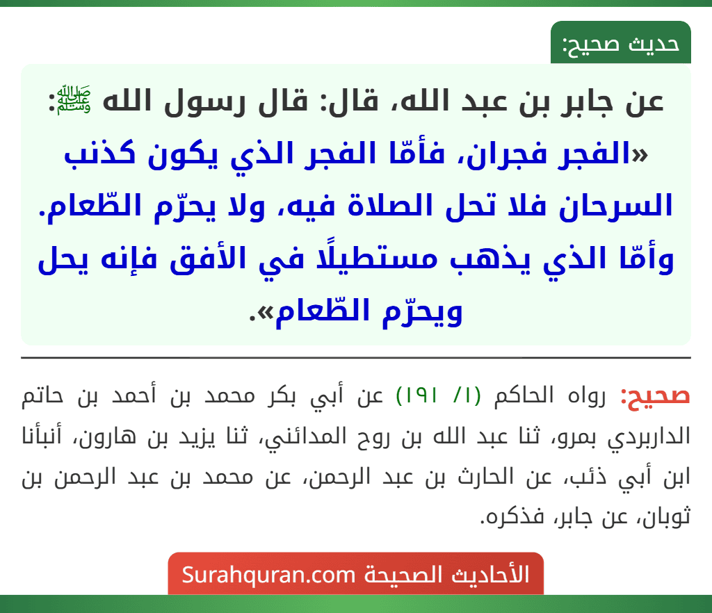 عن جابر بن عبد الله، قال: قال رسول الله ﷺ: «الفجر فجران، فأمّا الفجر الذي يكون كذنب السرحان فلا تحل الصلاة فيه، ولا يحرّم الطّعام. وأمّا الذي يذهب مستطيلًا في الأفق فإنه يحل ويحرّم الطّعام».