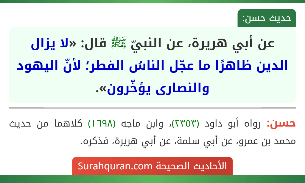 عن أبي هريرة، عن النبيّ ﷺ قال: «لا يزال الدين ظاهرًا ما عجّل الناسُ الفطر؛ لأنّ اليهود والنصارى يؤخّرون».