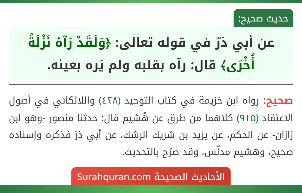 عن أبي ذرّ في قوله تعالى: ﴿وَلَقَدْ رَآهُ نَزْلَةً أُخْرَى﴾ قال: رآه بقلبه ولم يَره بعينه.