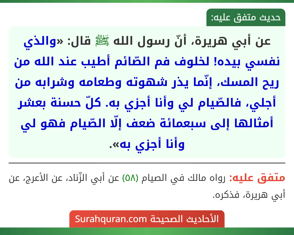 عن أبي هريرة، أنّ رسول الله ﷺ قال: «والذي نفسي بيده! لخلوف فم الصّائم أطيب عند الله من ريح المسك، إنّما يذر شهوته وطعامه وشرابه من أجلي، فالصّيام لي وأنا أجزي به. كلّ حسنة بعشر أمثالها إلى سبعمائة ضعف إلّا الصّيام فهو لي وأنا أجزي به».