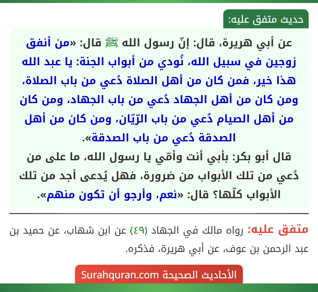 عن أبي هريرة، قال: إنّ رسول الله ﷺ قال: «من أنفق زوجين في سبيل الله، نُودي من أبواب الجنة: يا عبد الله هذا خير، فمن كان من أهل الصلاة دُعي من باب الصلاة، ومن كان من أهل الجهاد دُعي من باب الجهاد، ومن كان من أهل الصيام دُعي من باب الرّيّان، ومن كان من أهل الصدقة دُعي من باب الصدقة».
قال أبو بكر: بأبي أنت وأمّي يا رسول الله، ما على من دُعي من تلك الأبواب من ضرورة، فهل يُدعى أجد من تلك الأبواب كلّها؟ قال: «نعم، وأرجو أن تكون منهم».