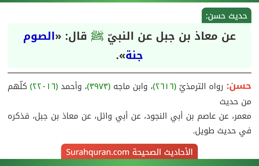 عن معاذ بن جبل عن النبيّ ﷺ قال: «الصوم جنة».