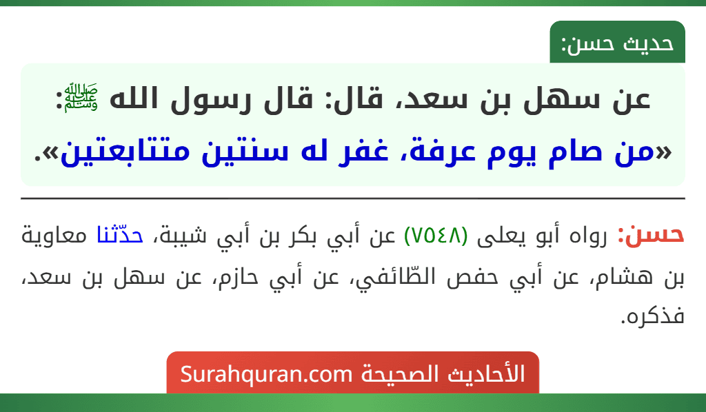 عن سهل بن سعد، قال: قال رسول الله ﷺ: «من صام يوم عرفة، غفر له سنتين متتابعتين».
