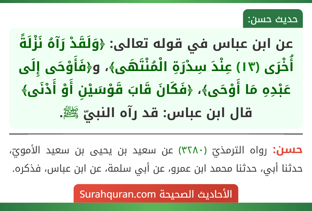 عن ابن عباس في قوله تعالى: ﴿وَلَقَدْ رَآهُ نَزْلَةً أُخْرَى (١٣) عِنْدَ سِدْرَةِ الْمُنْتَهَى﴾، و﴿فَأَوْحَى إِلَى عَبْدِهِ مَا أَوْحَى﴾، ﴿فَكَانَ قَابَ قَوْسَيْنِ أَوْ أَدْنَى﴾ قال ابن عباس: قد رآه النبيّ ﷺ.