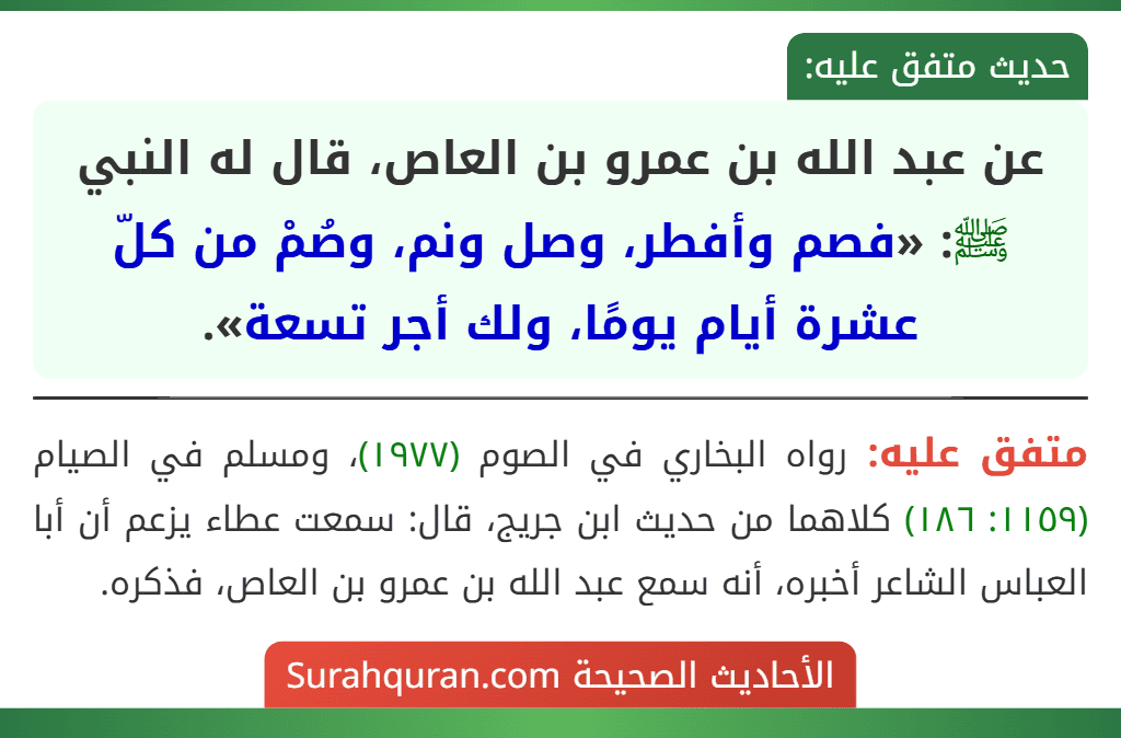 عن عبد الله بن عمرو بن العاص، قال له النبي ﷺ: «فصم وأفطر، وصل ونم، وصُمْ من كلّ عشرة أيام يومًا، ولك أجر تسعة».