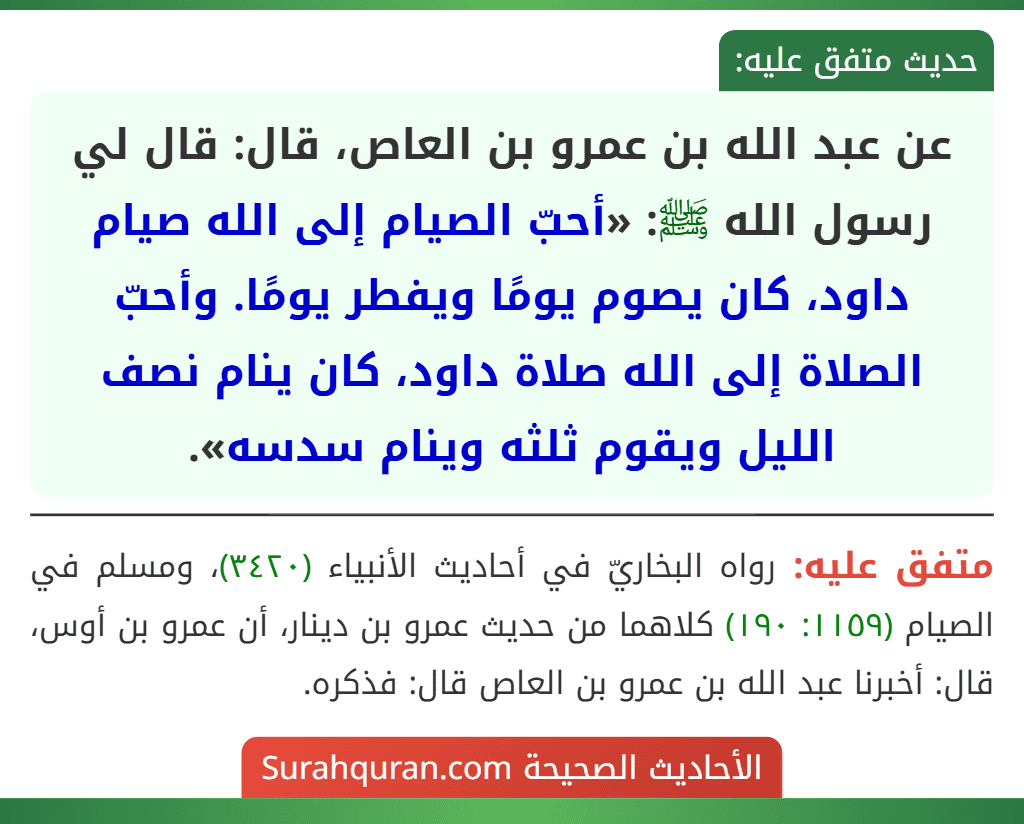 عن عبد الله بن عمرو بن العاص، قال: قال لي رسول الله ﷺ: «أحبّ الصيام إلى الله صيام داود، كان يصوم يومًا ويفطر يومًا. وأحبّ الصلاة إلى الله صلاة داود، كان ينام نصف الليل ويقوم ثلثه وينام سدسه».