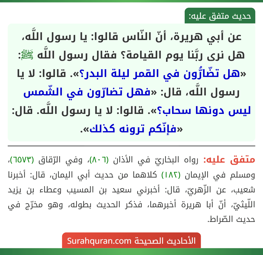 عن أبي هريرة، أنّ النّاس قالوا: يا رسول اللَّه، هل نرى ربَّنا يوم القيامة؟ فقال رسول اللَّه ﷺ: «هل تضّارُّون في القمر ليلة البدر؟». قالوا: لا يا رسول اللَّه، قال: «فهل تضارّون في الشّمس ليس دونها سحاب؟». قالوا: لا يا رسول اللَّه. قال: «فإنّكم ترونه كذلك».