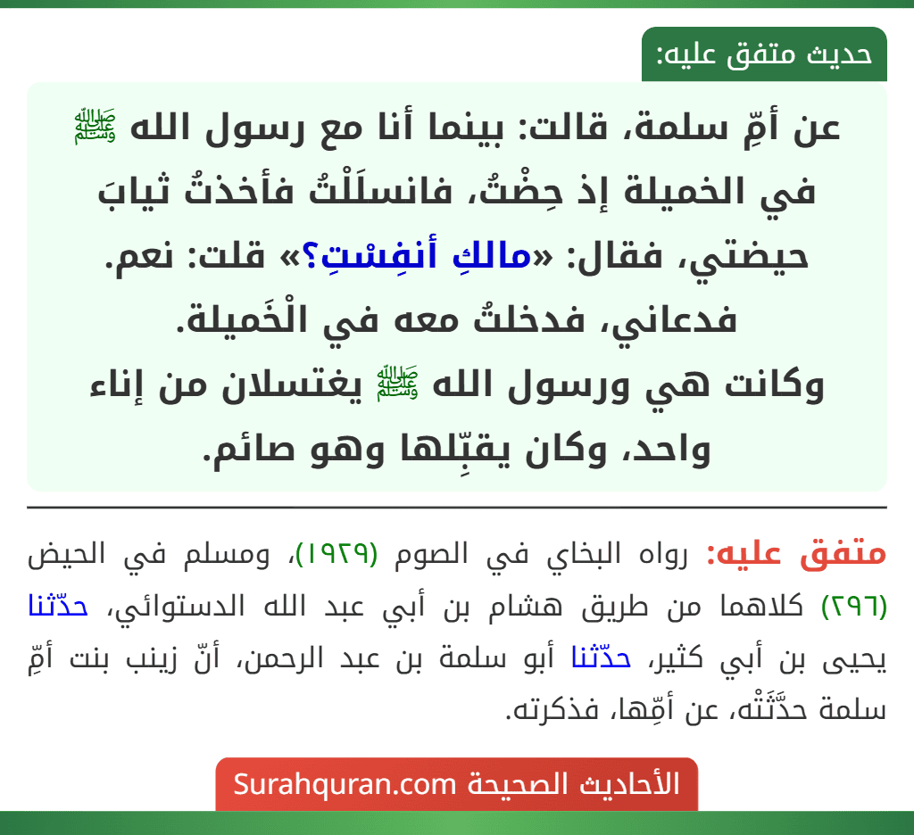 عن أمِّ سلمة، قالت: بينما أنا مع رسول الله ﷺ في الخميلة إذ حِضْتُ، فانسلَلْتُ فأخذتُ ثيابَ حيضتي، فقال: «مالكِ أنفِسْتِ؟» قلت: نعم. فدعاني، فدخلتُ معه في الْخَميلة.
وكانت هي ورسول الله ﷺ يغتسلان من إناء واحد، وكان يقبِّلها وهو صائم.