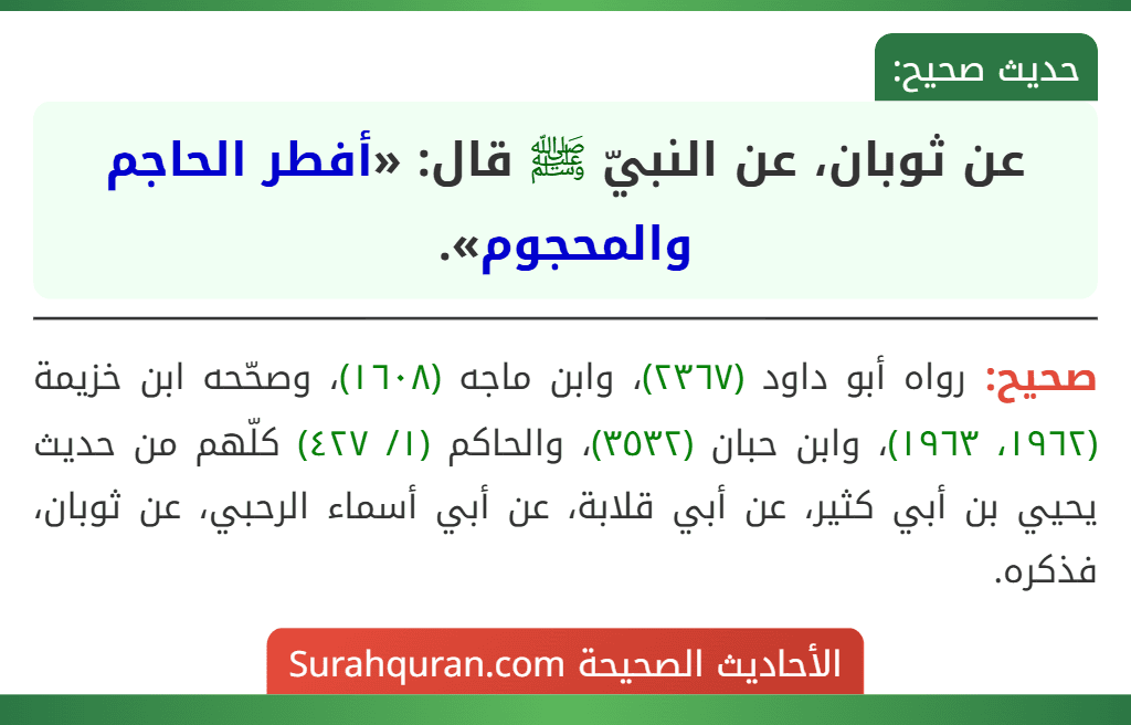 عن ثوبان، عن النبيّ ﷺ قال: «أفطر الحاجم والمحجوم».
