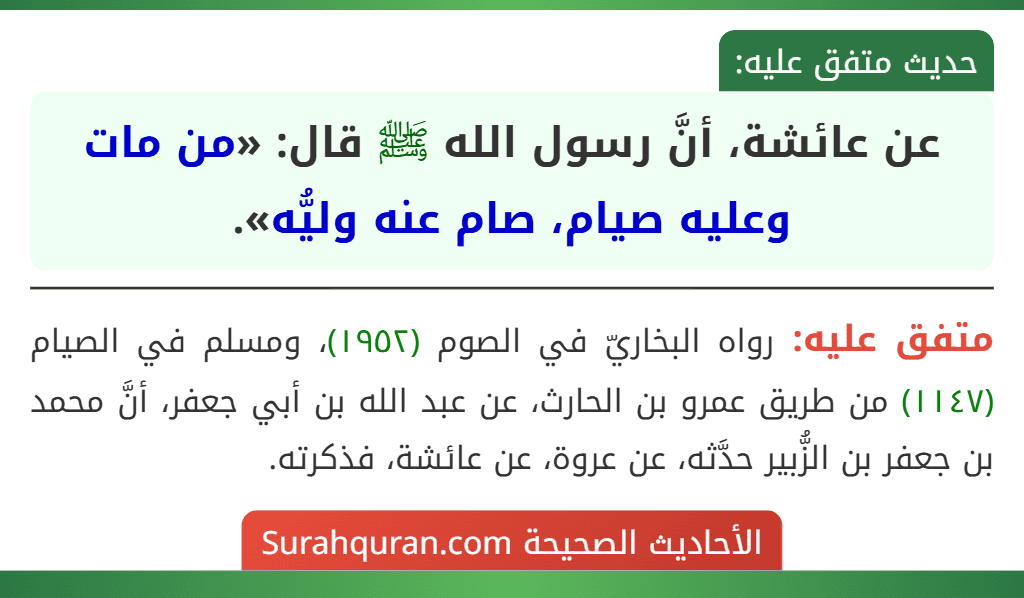 عن عائشة، أنَّ رسول الله ﷺ قال: «من مات وعليه صيام، صام عنه وليُّه».