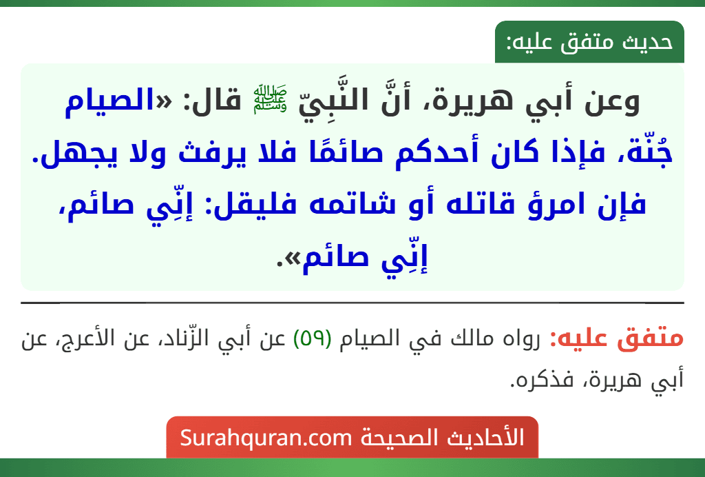 وعن أبي هريرة، أنَّ النَّبِيّ ﷺ قال: «الصيام جُنّة، فإذا كان أحدكم صائمًا فلا يرفث ولا يجهل. فإن امرؤ قاتله أو شاتمه فليقل: إنِّي صائم، إنِّي صائم».