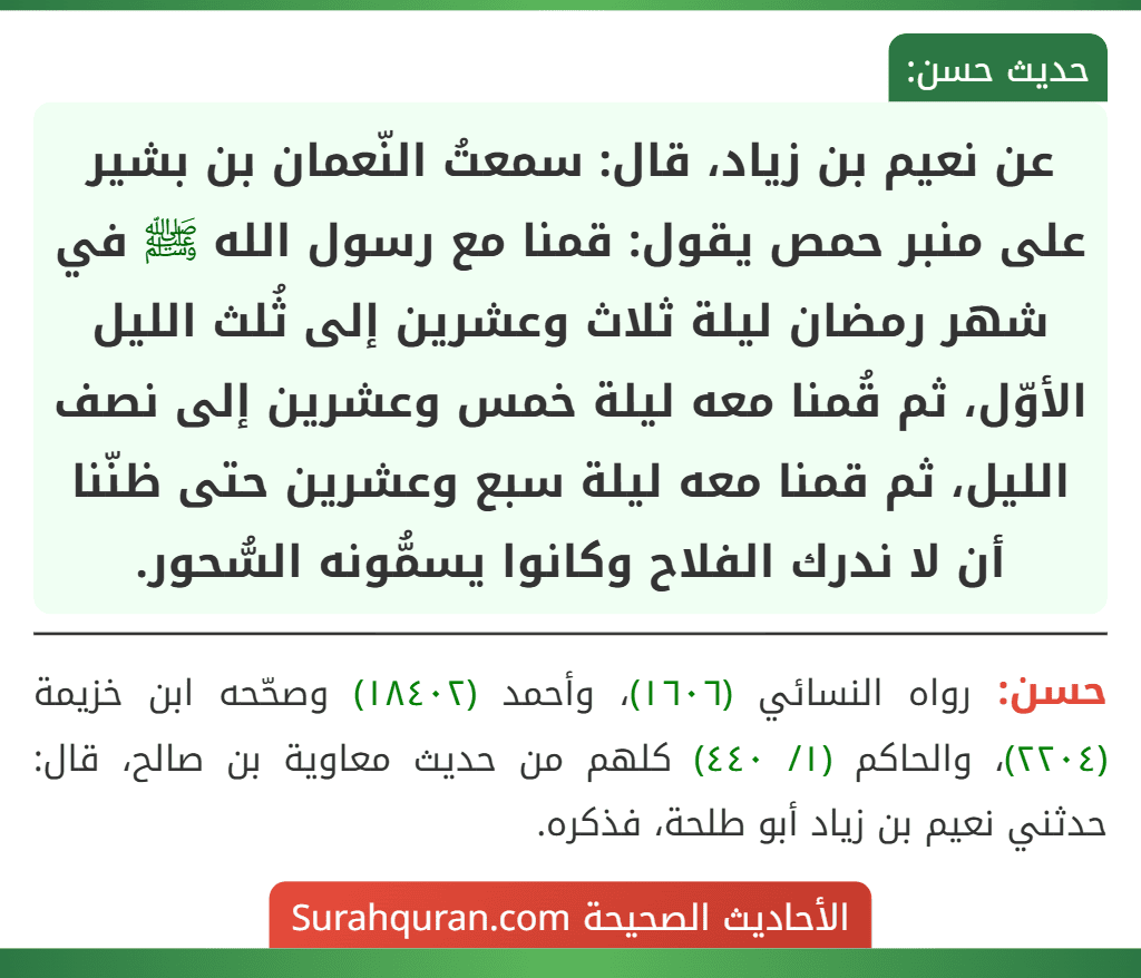 عن نعيم بن زياد، قال: سمعتُ النّعمان بن بشير على منبر حمص يقول: قمنا مع رسول الله ﷺ في شهر رمضان ليلة ثلاث وعشرين إلى ثُلث الليل الأوّل، ثم قُمنا معه ليلة خمس وعشرين إلى نصف الليل، ثم قمنا معه ليلة سبع وعشرين حتى ظنّنا أن لا ندرك الفلاح وكانوا يسمُّونه السُّحور. عن نعيم بن زياد، قال: سمعتُ النّعمان بن بشير على منبر حمص يقول: قمنا مع رسول الله ﷺ في شهر رمضان ليلة ثلاث وعشرين إلى ثُلث الليل الأوّل، ثم قُمنا معه ليلة خمس وعشرين إلى نصف الليل، ثم قمنا معه ليلة سبع وعشرين حتى ظنّنا أن لا ندرك الفلاح وكانوا يسمُّونه السُّحور.