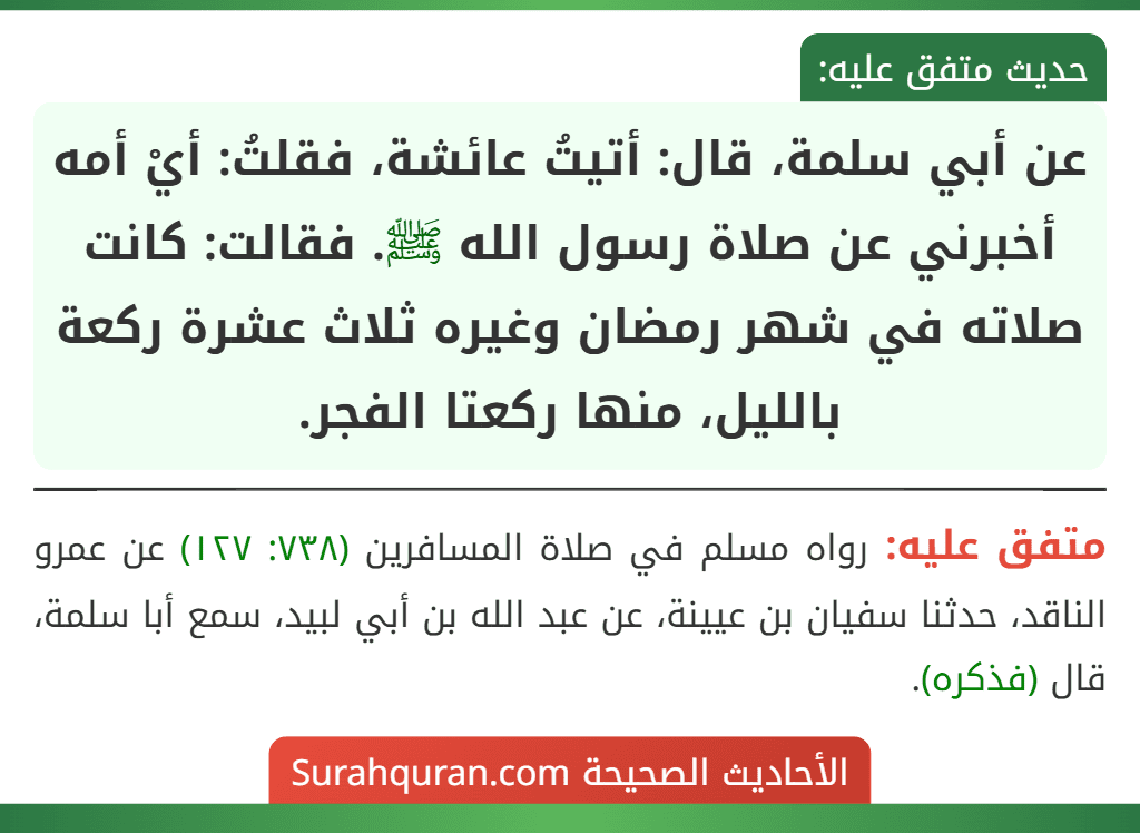عن أبي سلمة، قال: أتيتُ عائشة، فقلتُ: أيْ أمه أخبرني عن صلاة رسول الله ﷺ. فقالت: كانت صلاته في شهر رمضان وغيره ثلاث عشرة ركعة بالليل، منها ركعتا الفجر.