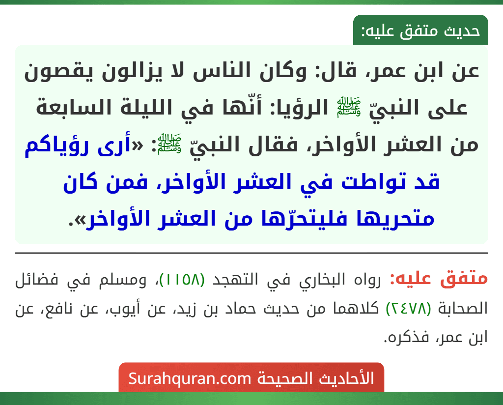 عن ابن عمر، قال: وكان الناس لا يزالون يقصون على النبيّ ﷺ الرؤيا: أنّها في الليلة السابعة من العشر الأواخر، فقال النبيّ ﷺ: «أرى رؤياكم قد تواطت في العشر الأواخر، فمن كان متحريها فليتحرّها من العشر الأواخر».