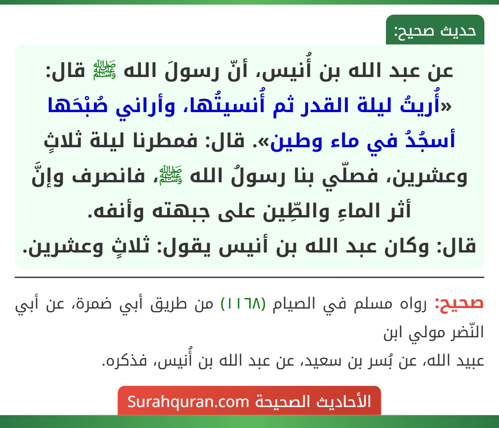 عن عبد الله بن أُنيس، أنّ رسولَ الله ﷺ قال: «أُريتُ ليلة القدر ثم أُنسيتُها، وأراني صُبْحَها أسجُدُ في ماء وطين». قال: فمطرنا ليلة ثلاثٍ وعشرين، فصلّي بنا رسولُ الله ﷺ، فانصرف وإنَّ أثر الماءِ والطِّين على جبهته وأنفه.
قال: وكان عبد الله بن أنيس يقول: ثلاثٍ وعشرين. عن عبد الله بن أُنيس، أنّ رسولَ الله ﷺ قال: «أُريتُ ليلة القدر ثم أُنسيتُها، وأراني صُبْحَها أسجُدُ في ماء وطين». قال: فمطرنا ليلة ثلاثٍ وعشرين، فصلّي بنا رسولُ الله ﷺ، فانصرف وإنَّ أثر الماءِ والطِّين على جبهته وأنفه.
قال: وكان عبد الله بن أنيس يقول: ثلاثٍ وعشرين.