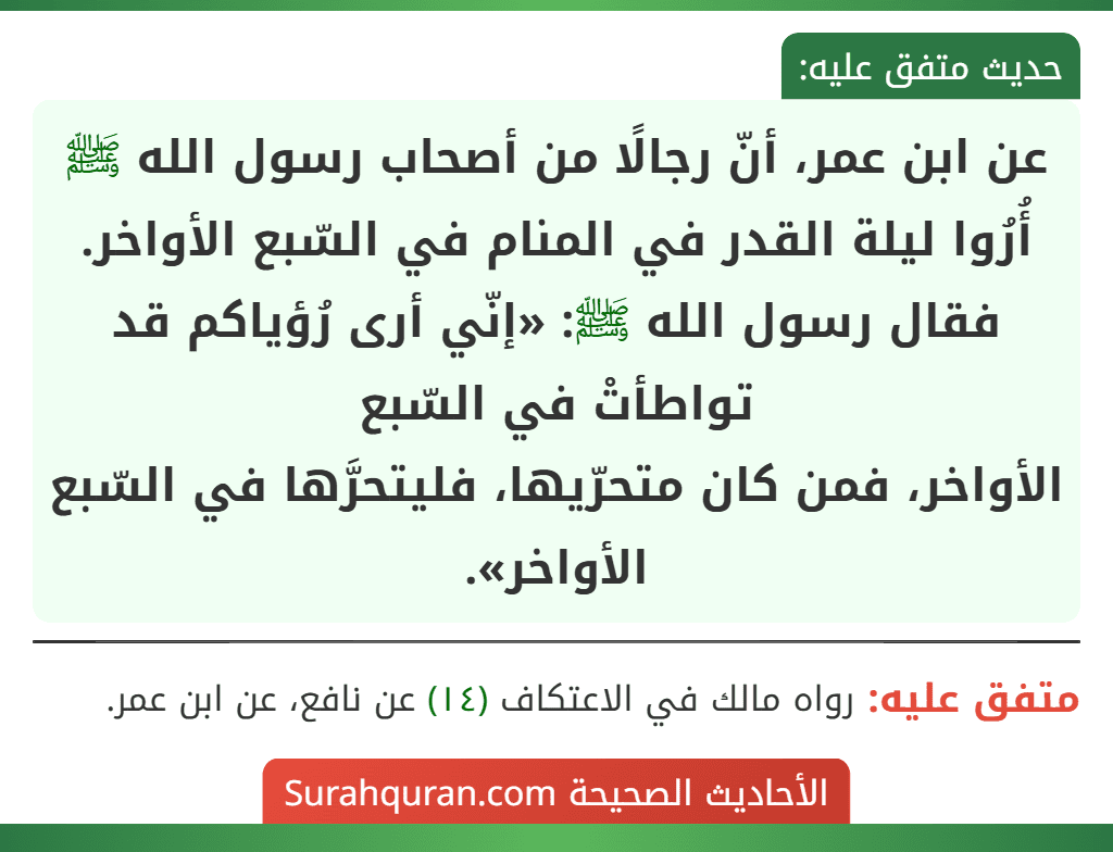 عن ابن عمر، أنّ رجالًا من أصحاب رسول الله ﷺ أُرُوا ليلة القدر في المنام في السّبع الأواخر. فقال رسول الله ﷺ: «إنّي أرى رُؤياكم قد تواطأتْ في السّبع
الأواخر، فمن كان متحرّيها، فليتحرَّها في السّبع الأواخر».