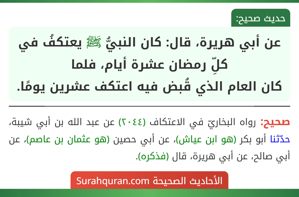عن أبي هريرة، قال: كان النبيُّ ﷺ يعتكفُ في كلِّ رمضان عشرة أيام، فلما
كان العام الذي قُبض فيه اعتكف عشرين يومًا.