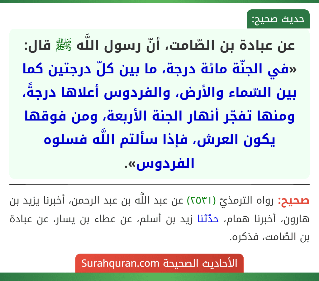 عن عبادة بن الصّامت، أنّ رسول اللَّه ﷺ قال: «في الجنّة مائة درجة، ما بين كلّ درجتين كما بين السّماء والأرض، والفردوس أعلاها درجةً، ومنها تفجّر أنهار الجنة الأربعة، ومن فوقها يكون العرش، فإذا سألتم اللَّه فسلوه الفردوس». عن عبادة بن الصّامت، أنّ رسول اللَّه ﷺ قال: «في الجنّة مائة درجة، ما بين كلّ درجتين كما بين السّماء والأرض، والفردوس أعلاها درجةً، ومنها تفجّر أنهار الجنة الأربعة، ومن فوقها يكون العرش، فإذا سألتم اللَّه فسلوه الفردوس».