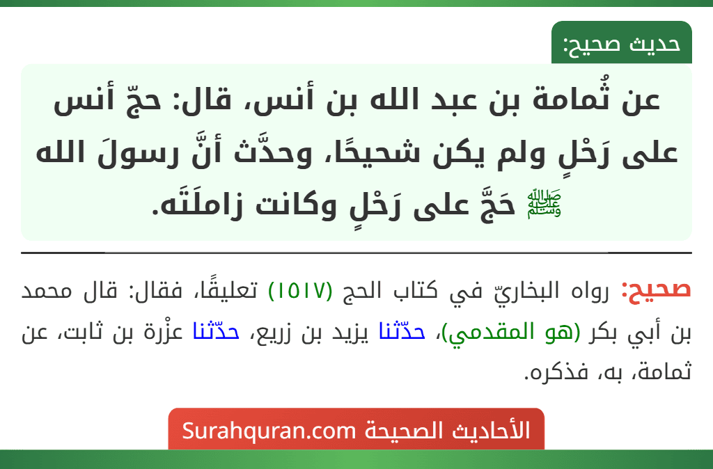 عن ثُمامة بن عبد الله بن أنس، قال: حجّ أنس على رَحْلٍ ولم يكن شحيحًا، وحدَّث أنَّ رسولَ الله ﷺ حَجَّ على رَحْلٍ وكانت زاملَتَه.