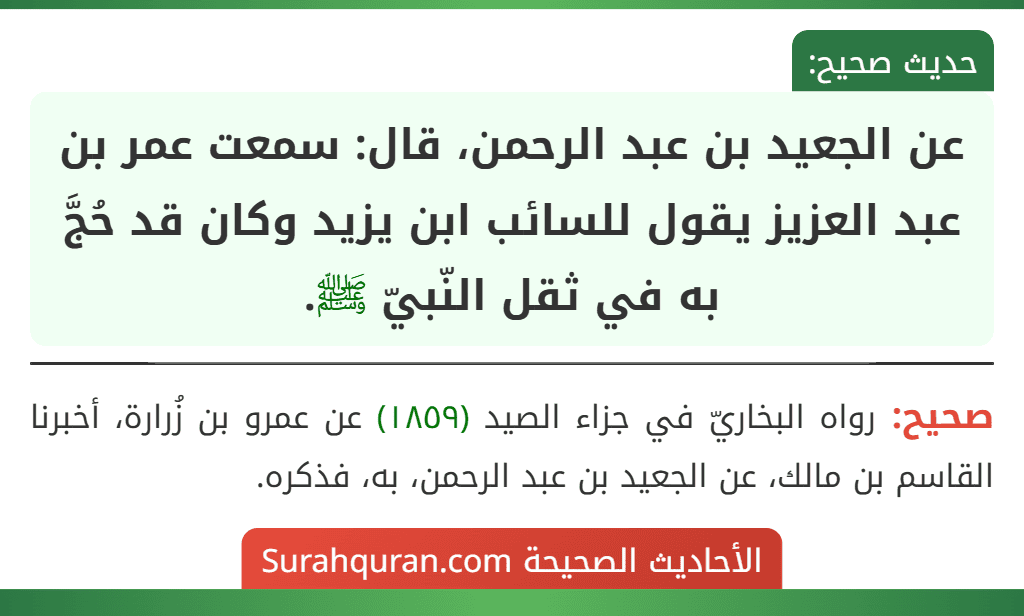 عن الجعيد بن عبد الرحمن، قال: سمعت عمر بن عبد العزيز يقول للسائب ابن يزيد وكان قد حُجَّ به في ثقل النّبيّ ﷺ.