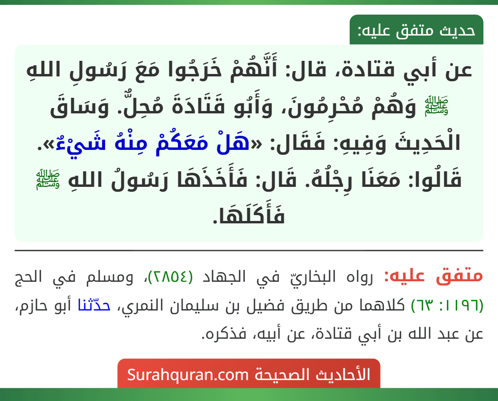 عن أبي قتادة، قال: أَنَّهُمْ خَرَجُوا مَعَ رَسُولِ اللهِ ﷺ وَهُمْ مُحْرِمُونَ، وَأَبُو قَتَادَةَ مُحِلٌّ. وَسَاقَ الْحَدِيثَ وَفِيهِ: فَقَال: «هَلْ مَعَكُمْ مِنْهُ شَيْءٌ». قَالُوا: مَعَنَا رِجْلُهُ. قَال: فَأَخَذَهَا رَسُولُ اللهِ ﷺ فَأَكَلَهَا.