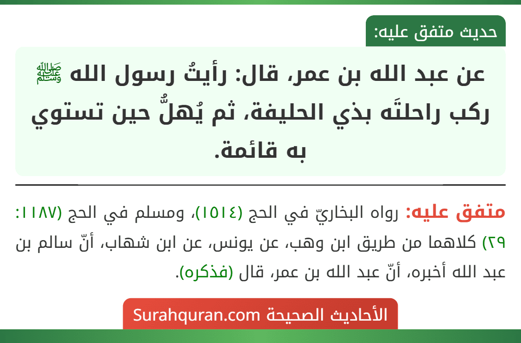 عن عبد الله بن عمر، قال: رأيتُ رسول الله ﷺ ركب راحلتَه بذي الحليفة، ثم يُهلُّ حين تستوي به قائمة.