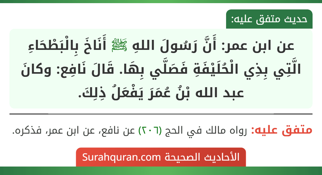 عن ابن عمر: أَنَّ رَسُولَ اللهِ ﷺ أَنَاخَ بِالْبَطْحَاءِ الَّتِي بِذِي الْحُلَيْفَةِ فَصَلَّي بِهَا. قَالَ نَافِع: وكانَ عبد الله بْنُ عُمَرَ يَفْعَلُ ذِلِكَ.