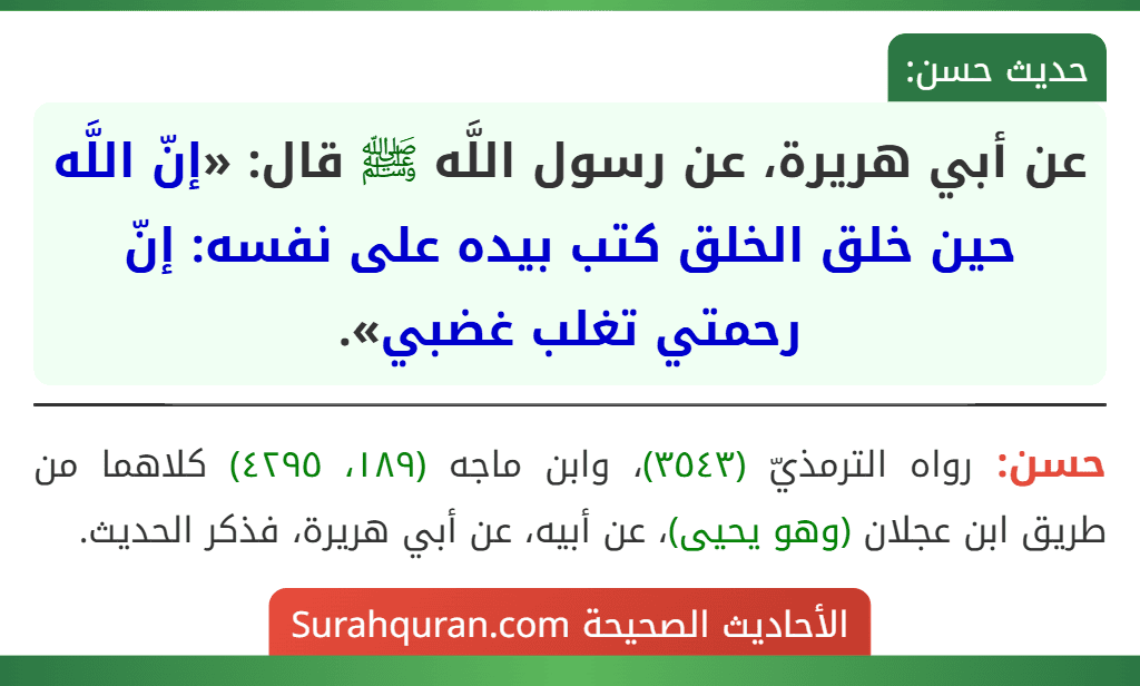 عن أبي هريرة، عن رسول اللَّه ﷺ قال: «إنّ اللَّه حين خلق الخلق كتب بيده على نفسه: إنّ رحمتي تغلب غضبي».