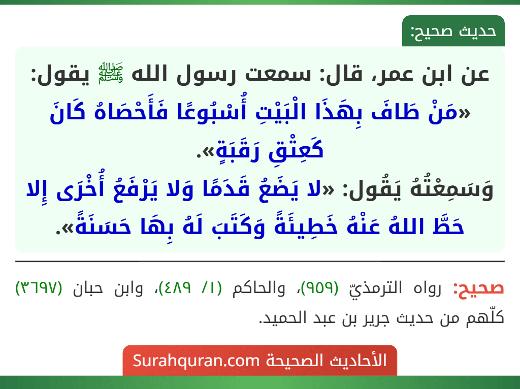 عن ابن عمر، قال: سمعت رسول الله ﷺ يقول: «مَنْ طَافَ بِهَذَا الْبَيْتِ أُسْبُوعًا فَأَحْصَاهُ كَانَ كَعِتْقِ رَقَبَةٍ».
وَسَمِعْتُهُ يَقُول: «لا يَضَعُ قَدَمًا وَلا يَرْفَعُ أُخْرَى إِلا حَطَّ اللهُ عَنْهُ خَطِيئَةً وَكَتَبَ لَهُ بِهَا حَسَنَةً».
