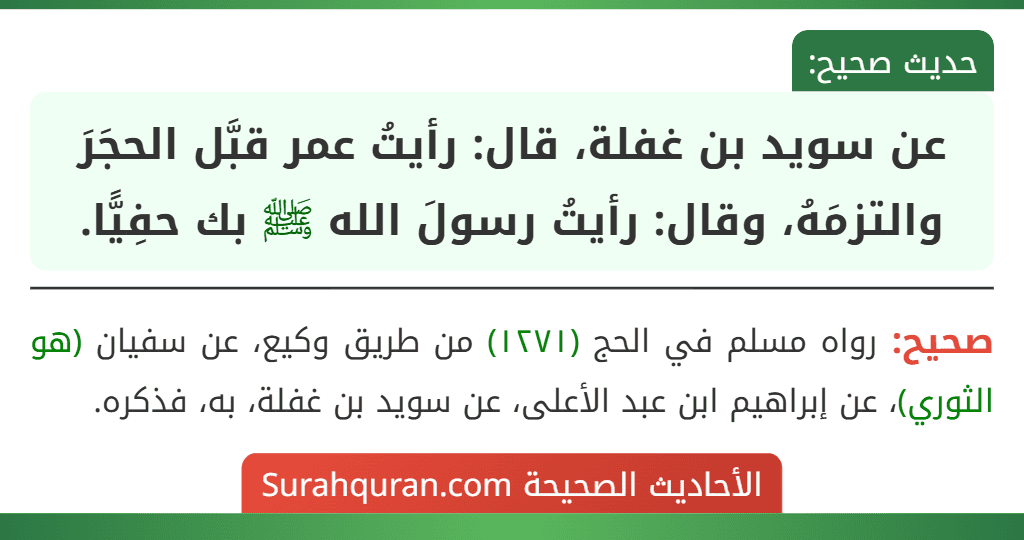 عن سويد بن غفلة، قال: رأيتُ عمر قبَّل الحجَرَ والتزمَهُ، وقال: رأيتُ رسولَ الله ﷺ بك حفِيًّا.