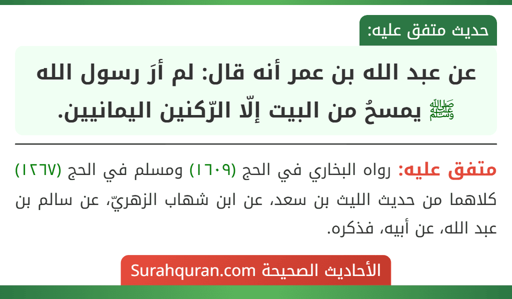 عن عبد الله بن عمر أنه قال: لم أرَ رسول الله ﷺ يمسحُ من البيت إلّا الرّكنين اليمانيين. عن عبد الله بن عمر أنه قال: لم أرَ رسول الله ﷺ يمسحُ من البيت إلّا الرّكنين اليمانيين.