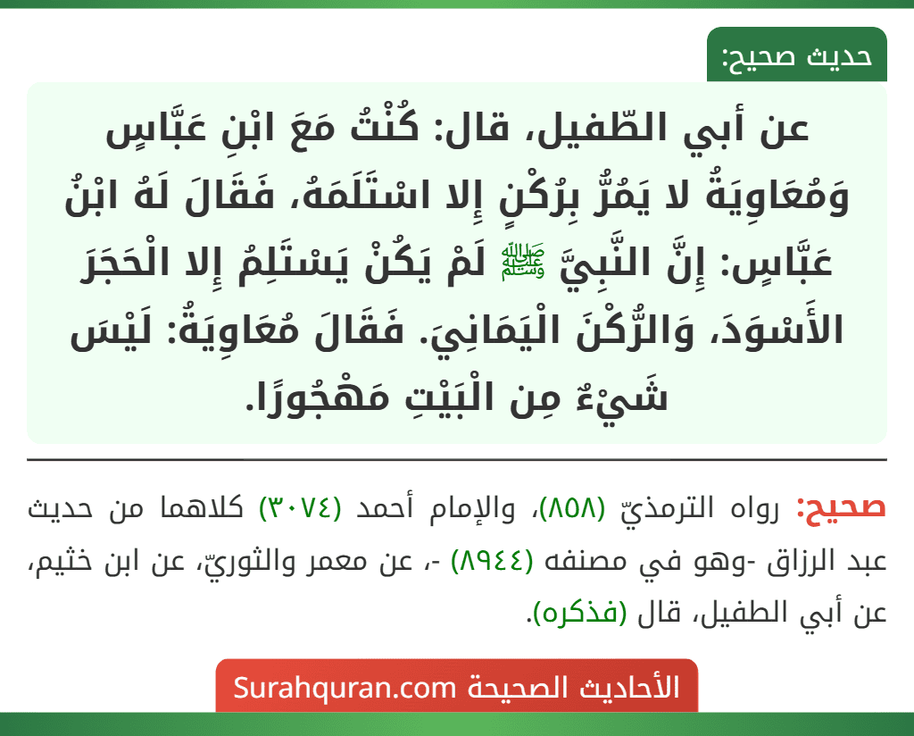 عن أبي الطّفيل، قال: كُنْتُ مَعَ ابْنِ عَبَّاسٍ وَمُعَاوِيَةُ لا يَمُرُّ بِرُكْنٍ إِلا اسْتَلَمَهُ، فَقَالَ لَهُ ابْنُ عَبَّاسٍ: إِنَّ النَّبِيَّ ﷺ لَمْ يَكُنْ يَسْتَلِمُ إِلا الْحَجَرَ الأَسْوَدَ، وَالرُّكْنَ الْيَمَانِيَ. فَقَالَ مُعَاوِيَةُ: لَيْسَ شَيْءٌ مِن الْبَيْتِ مَهْجُورًا.