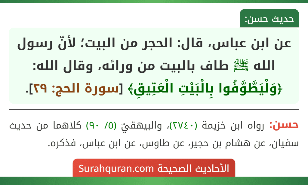 عن ابن عباس، قال: الحجر من البيت؛ لأنّ رسول الله ﷺ طاف بالبيت من ورائه، وقال الله: ﴿وَلْيَطَّوَّفُوا بِالْبَيْتِ الْعَتِيقِ﴾ [سورة الحج: ٢٩].