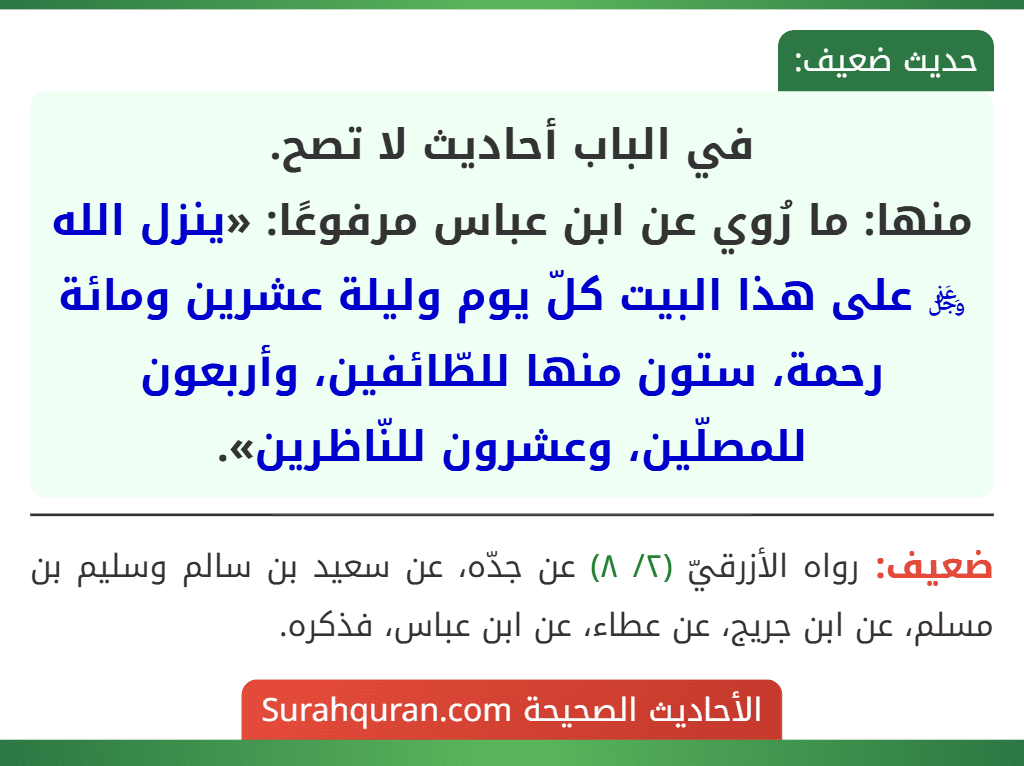 في الباب أحاديث لا تصح.
منها: ما رُوي عن ابن عباس مرفوعًا: «ينزل الله ﷿ على هذا البيت كلّ يوم وليلة عشرين ومائة رحمة، ستون منها للطّائفين، وأربعون للمصلّين، وعشرون للنّاظرين».