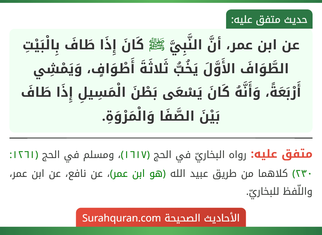 عن ابن عمر، أنَّ النَّبِيَّ ﷺ كَانَ إِذَا طَافَ بِالْبَيْتِ الطَّوَافَ الأَوَّلَ يَخُبُّ ثَلاثَةَ أَطْوَافٍ، وَيَمْشِي أَرْبَعَةً، وَأَنَّهُ كَانَ يَسْعَى بَطْنَ الْمَسِيلِ إِذَا طَافَ بَيْنَ الصَّفَا وَالْمَرْوَةِ.