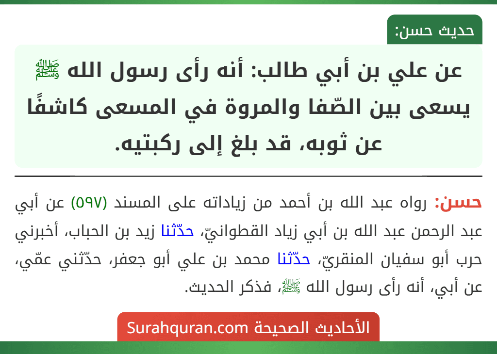 عن علي بن أبي طالب: أنه رأى رسول الله ﷺ يسعى بين الصّفا والمروة في المسعى كاشفًا عن ثوبه، قد بلغ إلى ركبتيه. عن علي بن أبي طالب: أنه رأى رسول الله ﷺ يسعى بين الصّفا والمروة في المسعى كاشفًا عن ثوبه، قد بلغ إلى ركبتيه.
