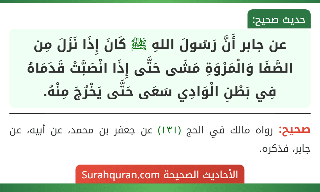 عن جابر أَنَّ رَسُولَ اللهِ ﷺ كَانَ إِذَا نَزَلَ مِن الصَّفَا وَالْمَرْوَةِ مَشَى حَتَّى إِذَا انْصَبَّتْ قَدَمَاهُ فِي بَطْنِ الْوَادِي سَعَى حَتَّى يَخْرُجَ مِنْهُ. عن جابر أَنَّ رَسُولَ اللهِ ﷺ كَانَ إِذَا نَزَلَ مِن الصَّفَا وَالْمَرْوَةِ مَشَى حَتَّى إِذَا انْصَبَّتْ قَدَمَاهُ فِي بَطْنِ الْوَادِي سَعَى حَتَّى يَخْرُجَ مِنْهُ.