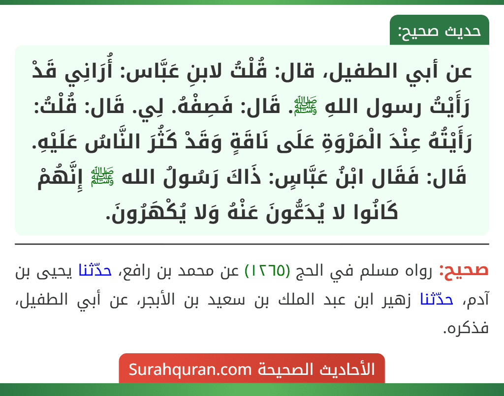 عن أبي الطفيل، قال: قُلْتُ لابنِ عَبَّاس: أُرَانِي قَدْ رَأَيْتُ رسول اللهِ ﷺ. قَال: فَصِفْهُ. لِي. قَال: قُلْتُ: رَأَيْتُهُ عِنْدَ الْمَرْوَةِ عَلَى نَاقَةٍ وَقَدْ كَثُرَ النَّاسُ عَلَيْهِ. قَال: فَقَال ابْنُ عَبَّاسٍ: ذَاكَ رَسُولُ الله ﷺ إِنَّهُمْ كَانُوا لا يُدَعُّونَ عَنْهُ وَلا يُكْهَرُونَ. عن أبي الطفيل، قال: قُلْتُ لابنِ عَبَّاس: أُرَانِي قَدْ رَأَيْتُ رسول اللهِ ﷺ. قَال: فَصِفْهُ. لِي. قَال: قُلْتُ: رَأَيْتُهُ عِنْدَ الْمَرْوَةِ عَلَى نَاقَةٍ وَقَدْ كَثُرَ النَّاسُ عَلَيْهِ. قَال: فَقَال ابْنُ عَبَّاسٍ: ذَاكَ رَسُولُ الله ﷺ إِنَّهُمْ كَانُوا لا يُدَعُّونَ عَنْهُ وَلا يُكْهَرُونَ.