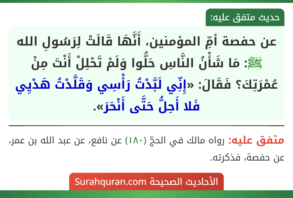 عن حفصة أمِّ المؤمنين، أَنَّهَا قَالَتْ لِرَسُولِ الله ﷺ: مَا شَأْنُ النَّاسِ حَلُّوا وَلَمْ تَحْلِلْ أَنْتَ مِنْ عُمْرَتِكَ؟ فَقَالَ: «إِنِّي لَبَّدْتُ رَأْسِي وَقَلَّدْتُ هَدْيِي فَلا أَحِلُّ حَتَّى أَنْحَرَ».