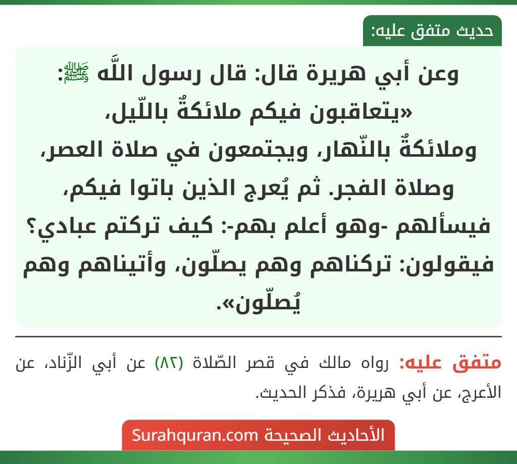 وعن أبي هريرة قال: قال رسول اللَّه ﷺ: «يتعاقبون فيكم ملائكةٌ باللّيل،
وملائكةٌ بالنّهار، ويجتمعون في صلاة العصر، وصلاة الفجر. ثم يُعرج الذين باتوا فيكم، فيسألهم -وهو أعلم بهم-: كيف تركتم عبادي؟ فيقولون: تركناهم وهم يصلّون، وأتيناهم وهم يُصلّون».