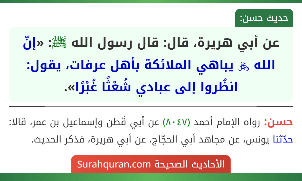 عن أبي هريرة، قال: قال رسول الله ﷺ: «إنّ الله ﷿ يباهي الملائكة بأهل عرفات، يقول: انظُروا إلى عبادي شُعْثًا غُبْرًا».