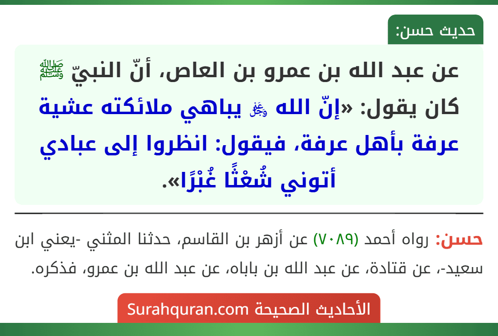 عن عبد الله بن عمرو بن العاص، أنّ النبيّ ﷺ كان يقول: «إنّ الله ﷿ يباهي ملائكته عشية عرفة بأهل عرفة، فيقول: انظروا إلى عبادي أتوني شُعْثًا غُبْرًا».
