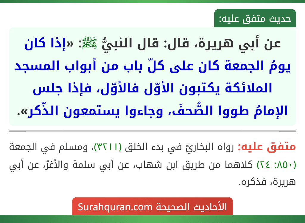 عن أبي هريرة، قال: قال النبيُّ ﷺ: «إذا كان يومُ الجمعة كان على كلّ باب من أبواب المسجد الملائكة يكتبون الأوّل فالأوّل، فإذا جلس الإمامُ طووا الصُّحفَ، وجاءوا يستمعون الذّكر».
