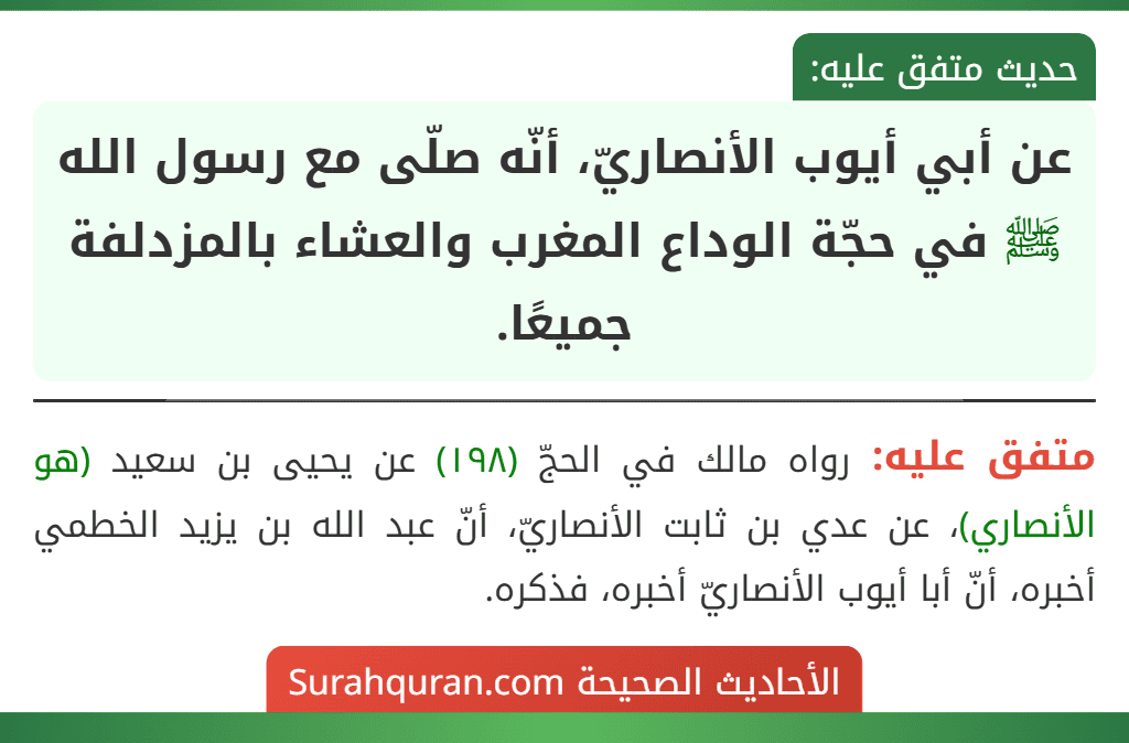 عن أبي أيوب الأنصاريّ، أنّه صلّى مع رسول الله ﷺ في حجّة الوداع المغرب والعشاء بالمزدلفة جميعًا.