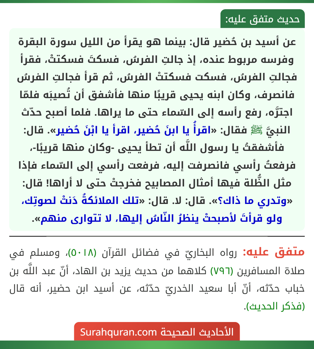 عن أسيد بن حُضير قال: بينما هو يقرأ من الليل سورة البقرة وفرسه مربوط عنده، إذ جالتِ الفرسُ، فسكتَ فسكتتْ، فقرأ فجالتِ الفرسُ، فسكت فسكتتْ الفرسُ، ثم قرأ فجالتِ الفرسُ فانصرف، وكان ابنه يحيى قريبًا منها فأشفق أن تُصيبَه فلمّا اجترَّه، رفع رأسه إلى السّماء حتى ما يراها. فلما أصبح حدّث النبيَّ ﷺ فقال: «اقرأُ يا ابنَ حُضير، اقرأ يا ابْنَ حُضير». قال: فأشفقتُ يا رسول اللَّه أن تطأ يحيى -وكان منها قريبًا-، فرفعتُ رأسي فانصرفت إليه، فرفعت رأسي إلى السّماء فإذا مثل الظُّلة فيها أمثال المصابيح فخرجتْ حتى لا أراها! قال: «وتدري ما ذاك؟». قال: لا. قال: «تلك الملائكةُ دَنتْ لصوتِك، ولو قرأتَ لأصبحتْ ينظرُ النّاسُ إليها، لا تتوارى منهم».