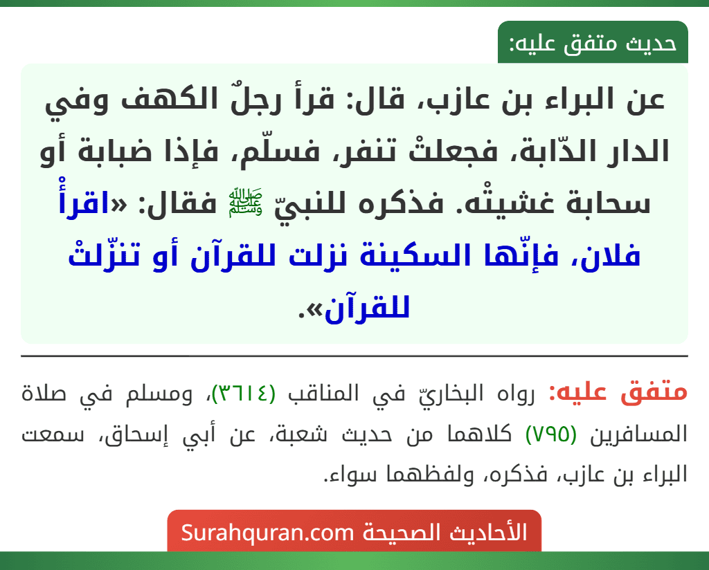 عن البراء بن عازب، قال: قرأ رجلٌ الكهف وفي الدار الدّابة، فجعلتْ تنفر، فسلّم، فإذا ضبابة أو سحابة غشيتْه. فذكره للنبيّ ﷺ فقال: «اقرأْ فلان، فإنّها السكينة نزلت للقرآن أو تنزّلتْ للقرآن».