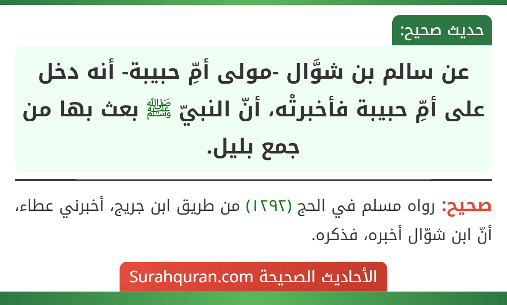 عن سالم بن شوَّال -مولى أمِّ حبيبة- أنه دخل على أمِّ حبيبة فأخبرتْه، أنّ النبيّ ﷺ بعث بها من جمع بليل.