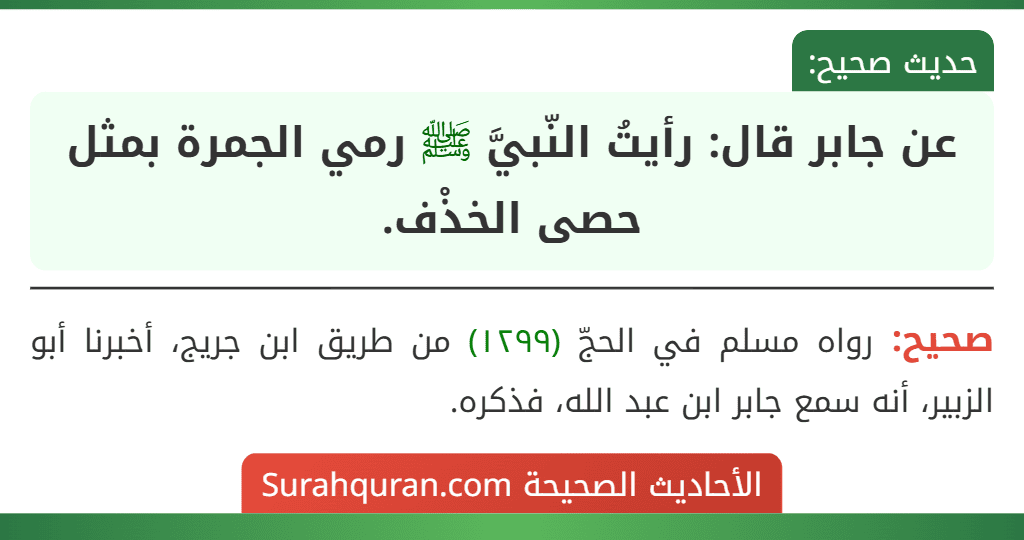 عن جابر قال: رأيتُ النّبيَّ ﷺ رمي الجمرة بمثل حصى الخذْف.