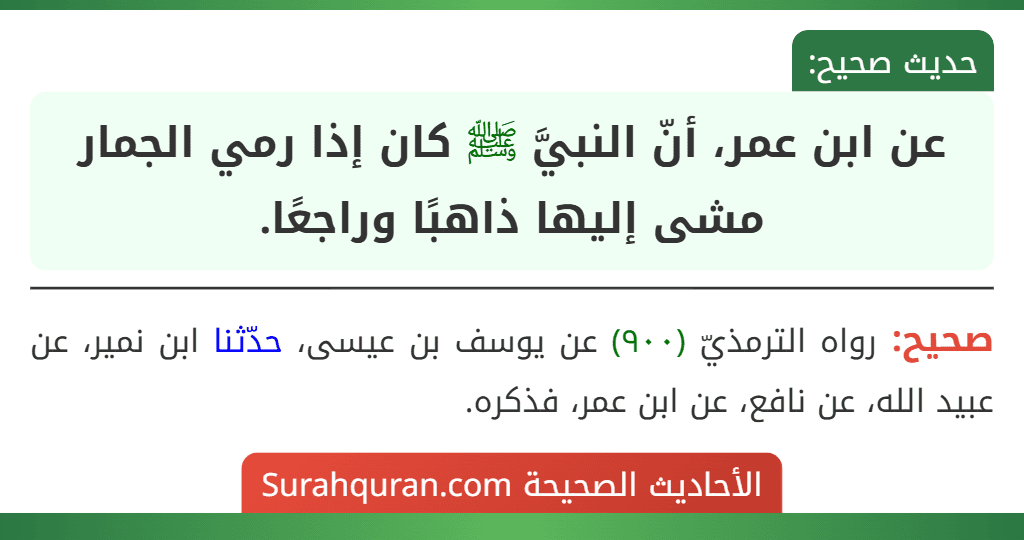 عن ابن عمر، أنّ النبيَّ ﷺ كان إذا رمي الجمار مشى إليها ذاهبًا وراجعًا. عن ابن عمر، أنّ النبيَّ ﷺ كان إذا رمي الجمار مشى إليها ذاهبًا وراجعًا.