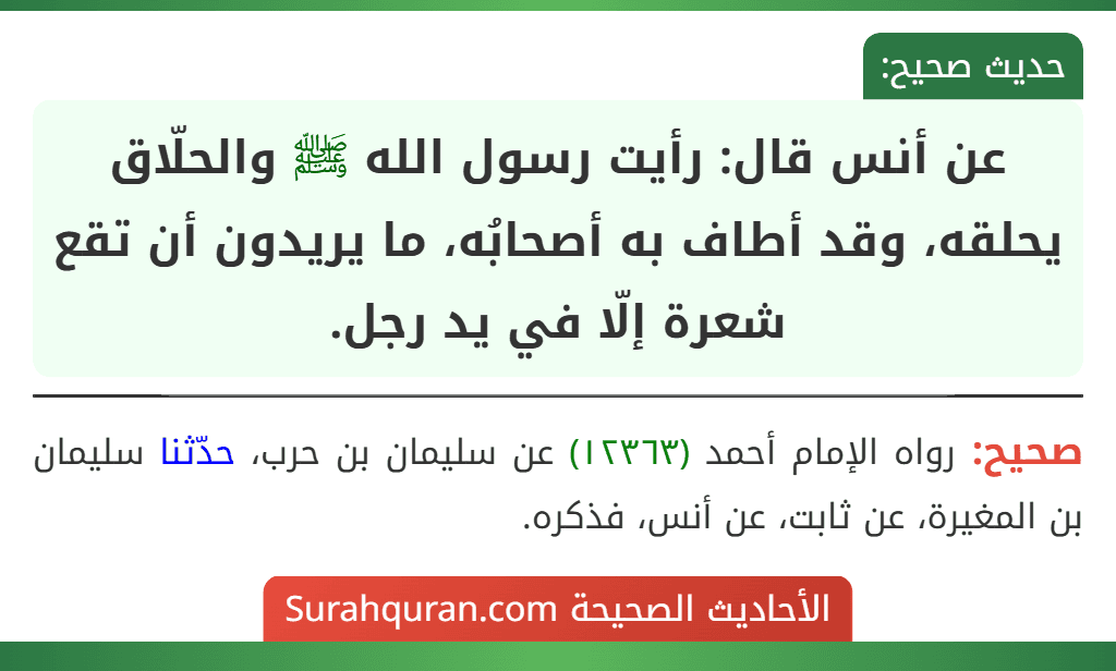 عن أنس قال: رأيت رسول الله ﷺ والحلّاق يحلقه، وقد أطاف به أصحابُه، ما يريدون أن تقع شعرة إلّا في يد رجل.